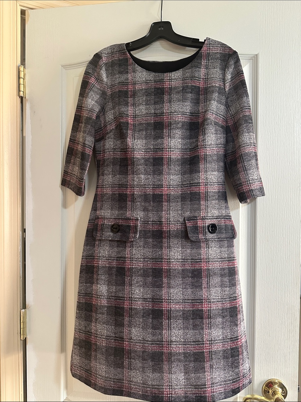 sheath Gray Black & Pink Plaid Dress with 2 pockets
